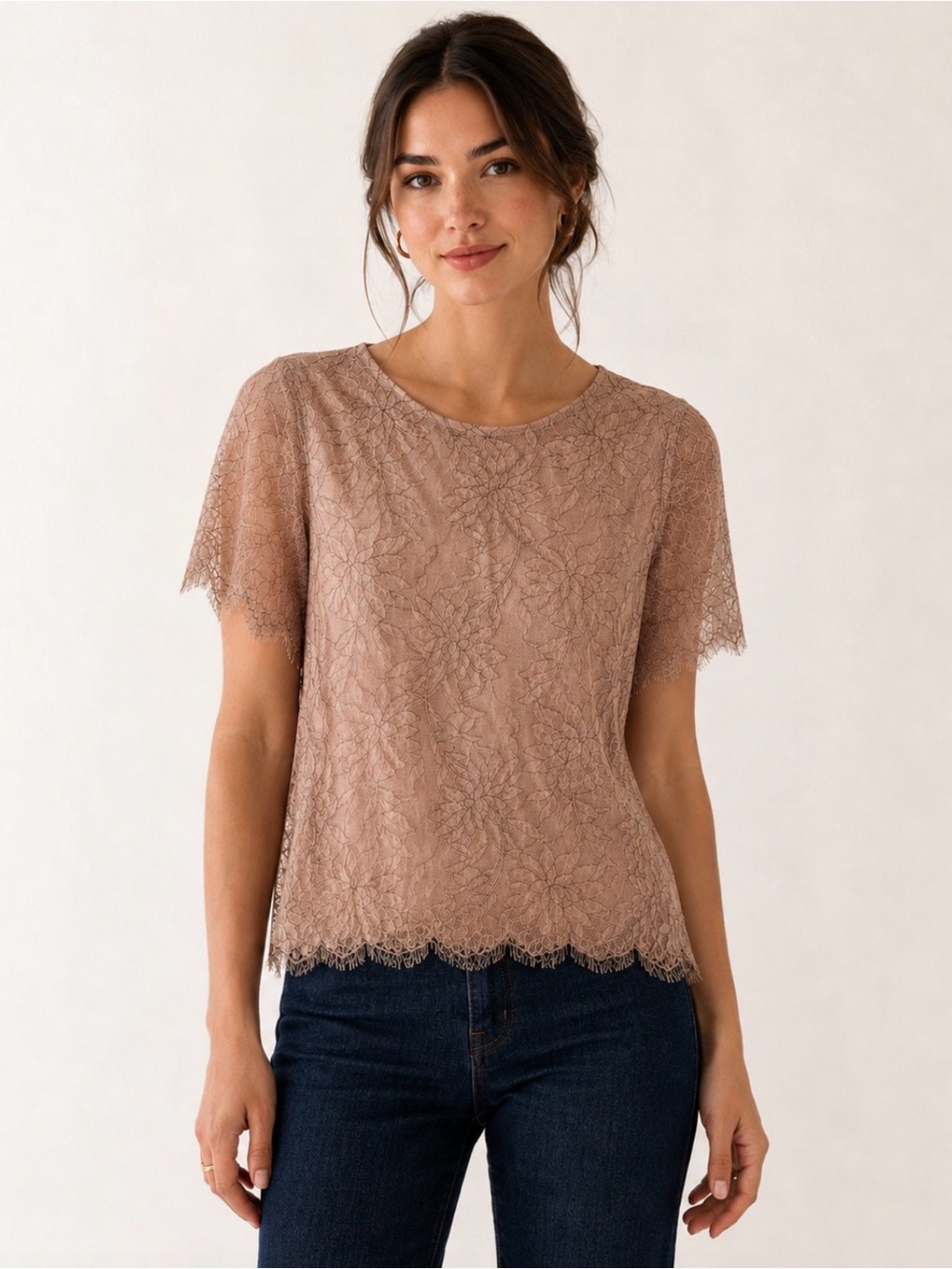 Mystree by Anthropologie Blouse Women’s S Floral Lace Overlay Peach Feminine NWT